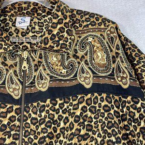 Vintage Sport Savvy Track Jacket Plus Animal Print Windbreaker Drawstring Waist